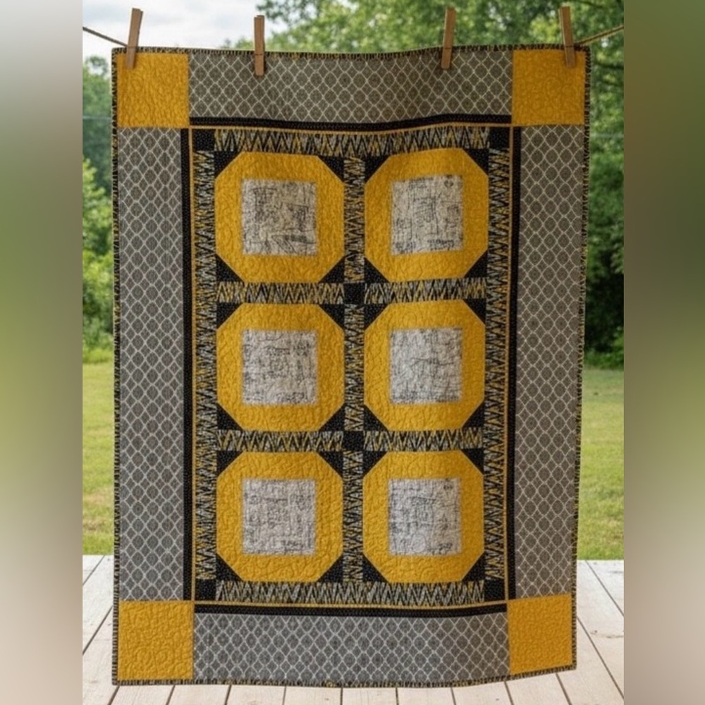 Handmade Modern Yellow Black Quilt Throw 52x54 Lap Size